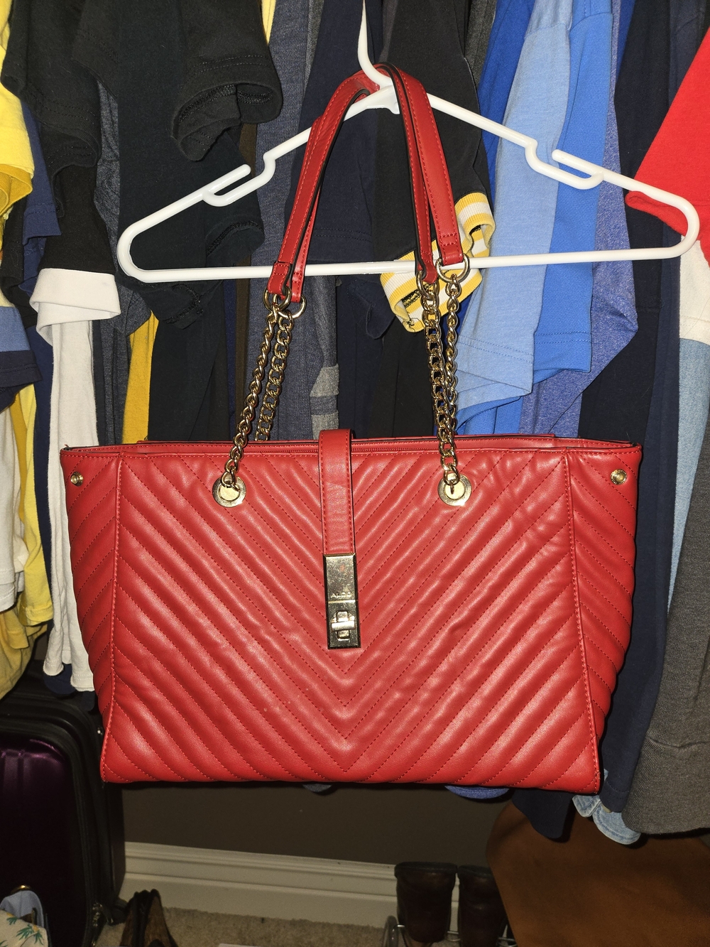Aldo Red Quilted Tote with Gold Chain Straps